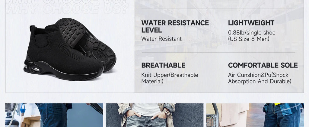 LARNMERN Steel Toe Shoes for Men Women Water Resistant Work Boots Non Slip Safety Sneakers Slip On Industrial Air Cushion Chelse