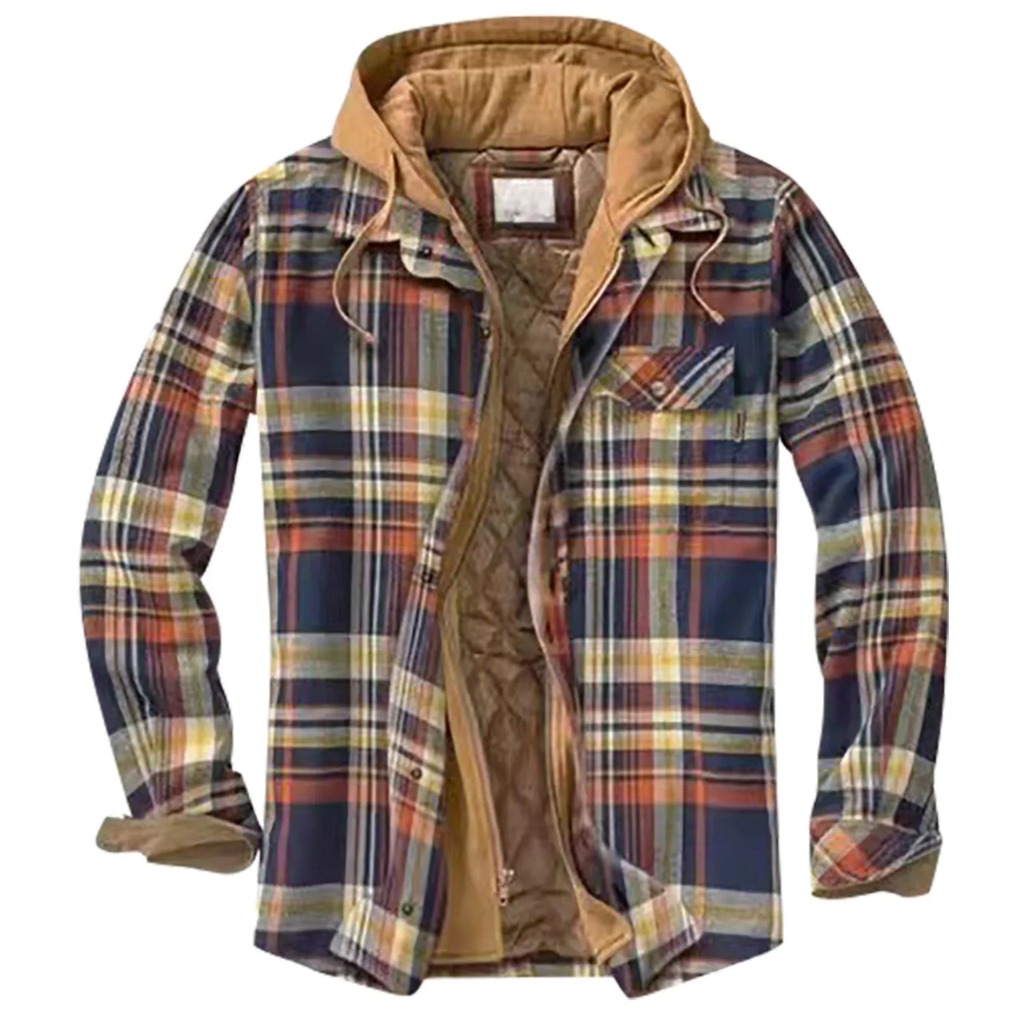 Men's fashion Cotton Flannel Shirt Jacket with Hood Mens Long Sleeve Quilted Lined Plaid Coat Button Down Thick Hoodie Outwear