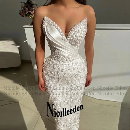 Nicolle Luxury V Neck Prom Dresses for Women Pearls Crystals Sequined Pleats Sheath Party Vestidos De Festa Customized