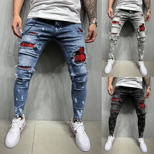 Skinny Ripped Jeans Men 2023 Fashion Grid Beggar Patches Slim Stretch Casual Denim Pencil Pants Painting Jogging Trousers Men