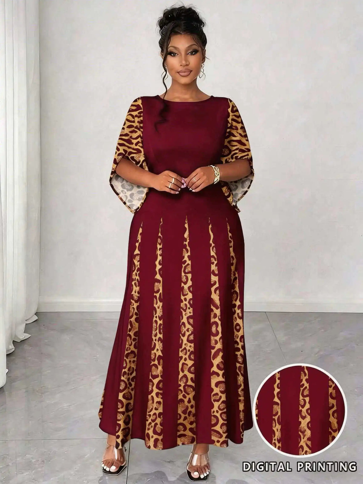 Elegantes Maxikleid mit Leopardenmuster, modisches langärmliges Abendkleid in Übergröße, bequeme und stilvolle Damenbekleidung