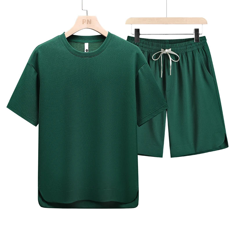 T Shirt Men Set Shorts Suit Oversize 6XL 7XL 8XL Plus Size Quick Dry Silk Short Sleeve Summer T-shirts Fashion Sportswear Loose