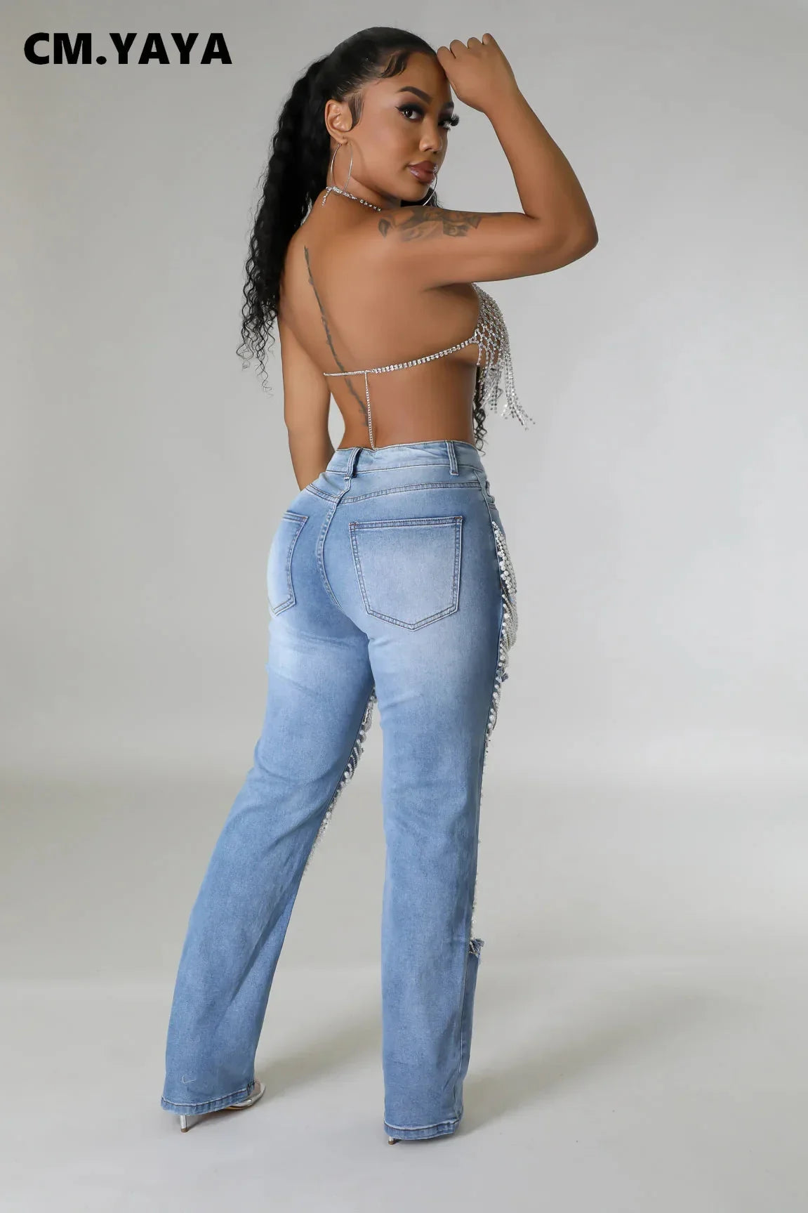 CM.YAYA Women Fashion Pearl Beading Ripped Hollow Out Tassel Wide Leg Jeans  New Summer INS Street Denim Pants Trousers