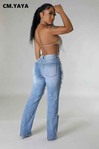 CM.YAYA Women Fashion Pearl Beading Ripped Hollow Out Tassel Wide Leg Jeans  New Summer INS Street Denim Pants Trousers