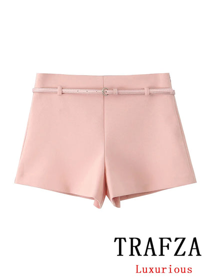 TRAFZA Vintage Chic Solid Women Suit V Neck Sleeveless Sashes Vest Blazer Straight Shorts New Fashion  Summer Office Sets
