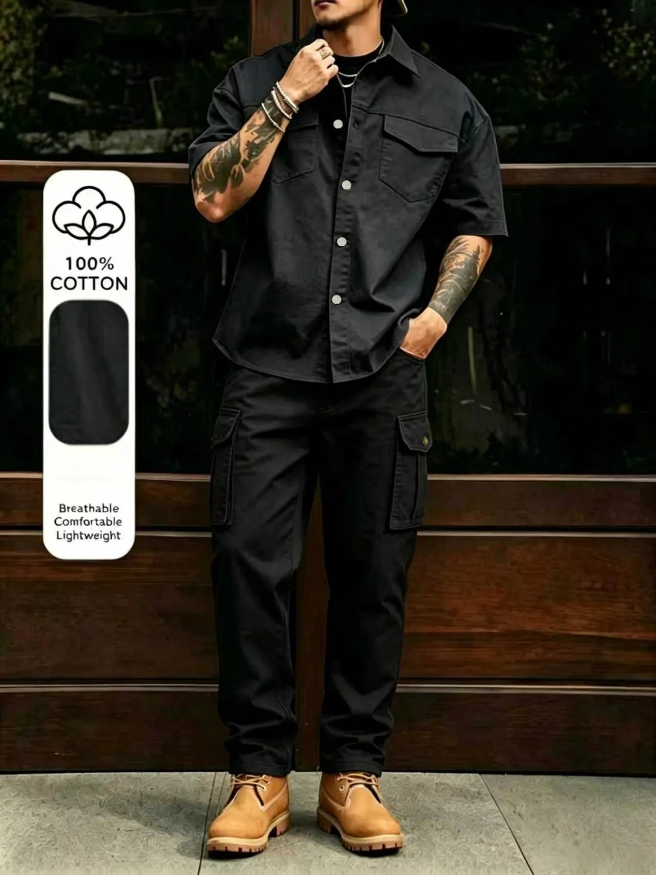 Men's Casual Workwear 100% Cotton Multi-Pocket Short-Sleeved Shirt Pants Set Male Cargo Overalls Streetwear Short Sleeve Button
