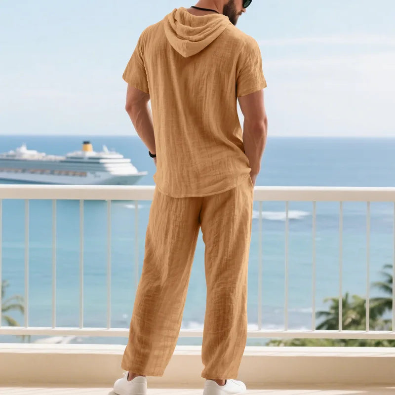 Men's Summer Casual Linen 2 Piece Outfit Short Sleeve Hoodie & Loose Pants Set Breathable Tracksuit for Beach Daliy Streetwesr