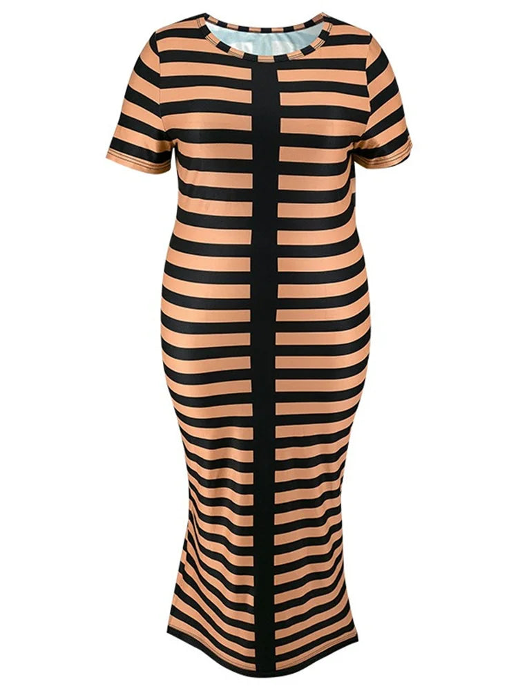 Wmstar Plus Size Dresses for Women Short Sleeve striped Maxi long Dress Bodycon Strech New in Summer Wholesale Dropshipping