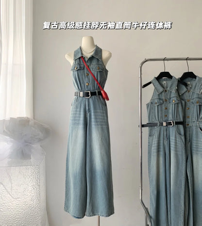 Women Summer Elegant Polo Neck Jumpsuits Straight Denim Sleeveless Single Breasted High Waist Wide Legs Pants  New Fashion