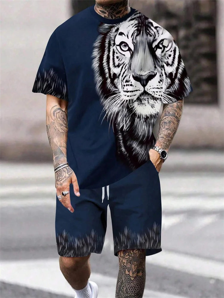 2024 New Crew Neck Short Sleeve T-shirt Fashion Shorts Set 3D Lion Print Short Sleeve Shorts 2-piece Men's Summer Sports Set