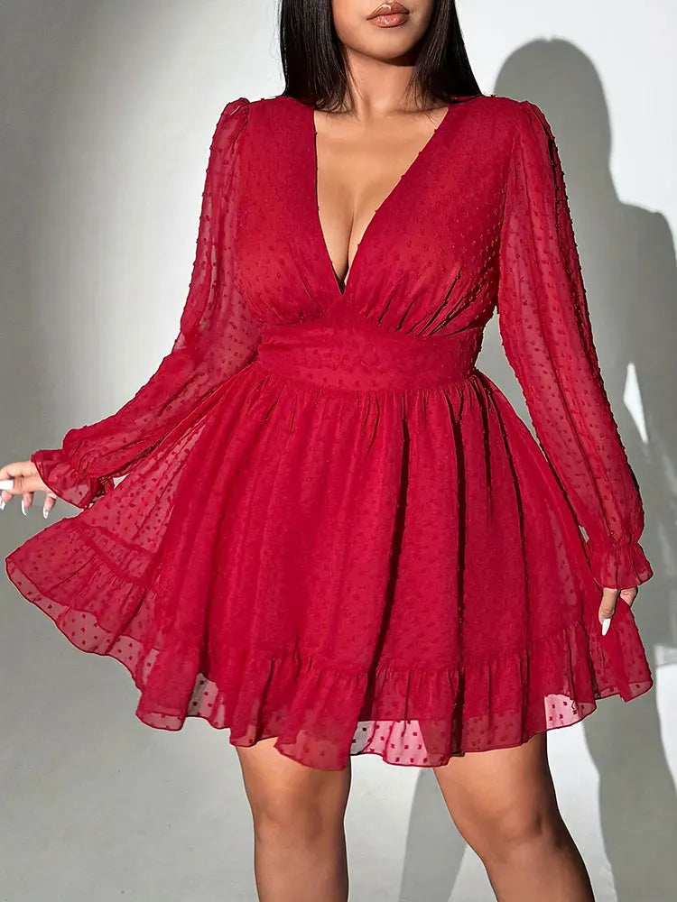 Neues sexy V-Ausschnitt Kurzarmkleid Übergröße Uni Polka Dot Langarm Amerikanischer schmaler A-Linien-Rock elegantes Party-Damenabendkleid