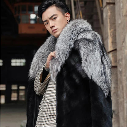Winter men's silver fox fur collar fur coat, long thick and warm windbreaker, fashionable and elegant coat