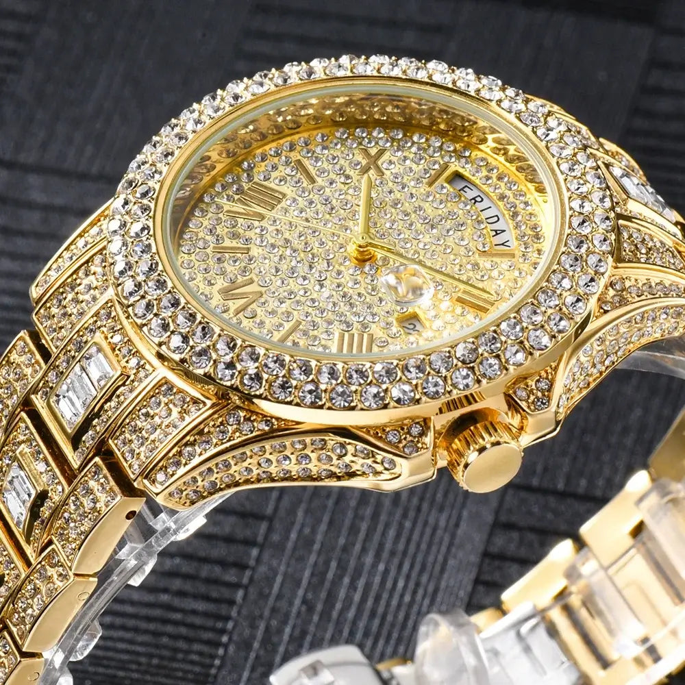 Vollvergoldete Eisuhr für Herren, Luxuriöse goldene Hip-Hop-Diamant-Quarz-Herrenuhren, Wasserdicht, Tagesdatum, Bestsellerprodukt 2023