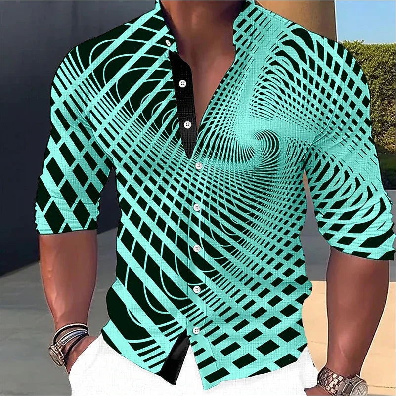 Men's Shirt Optical Illusion Graphic Stand Collar Long Sleeve Print Clothes Clothing Fashion Street Designer Casual Tops