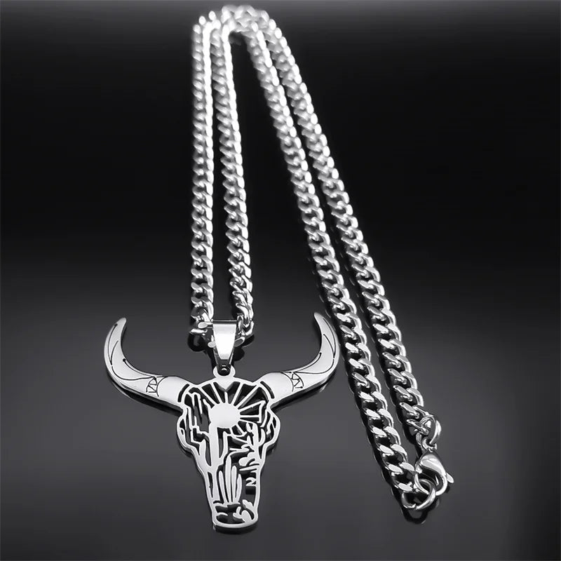 Fashion Bull Head Pendant Animal Cowboy Necklace Women Men Stainless Steel Silver Color Mexican Cow Necklaces Jewelry N3214S03