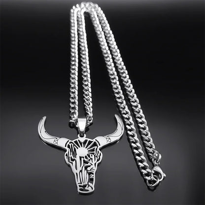 Fashion Bull Head Pendant Animal Cowboy Necklace Women Men Stainless Steel Silver Color Mexican Cow Necklaces Jewelry N3214S03