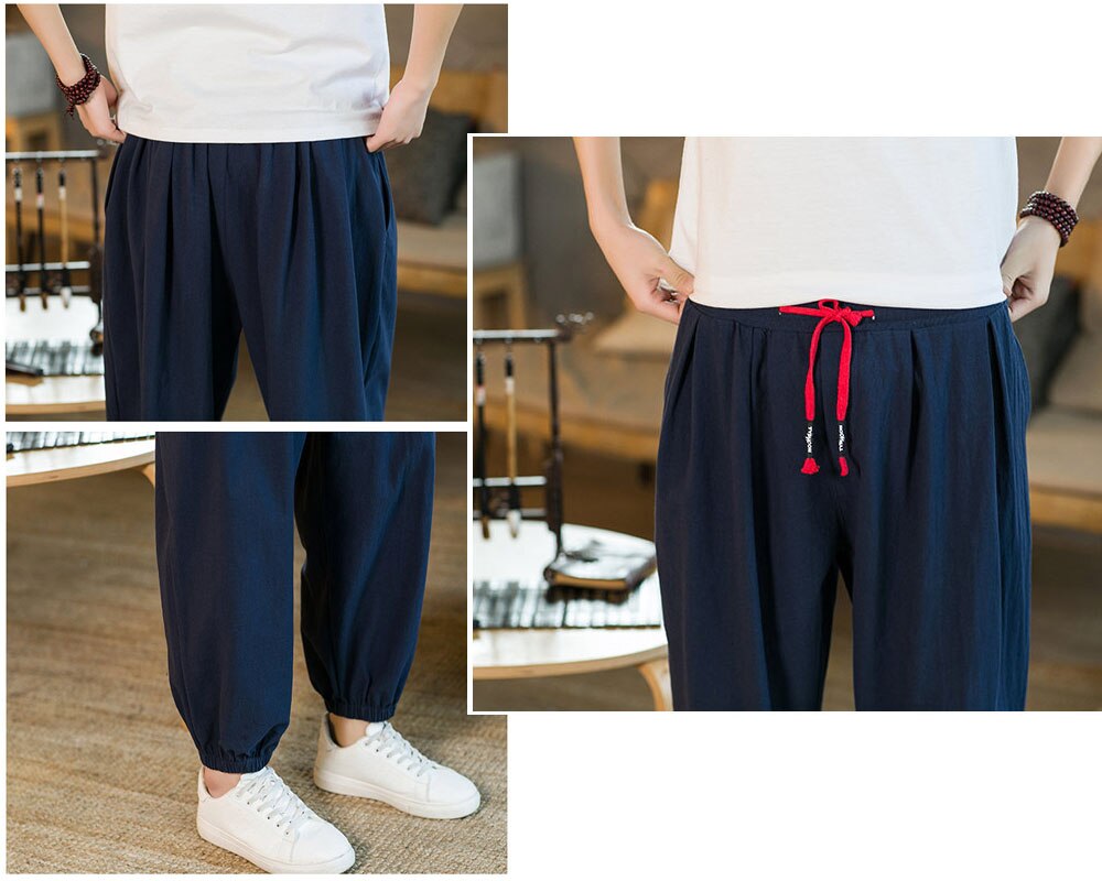 Asian size Man Solid Fashion Cotton Linen Blended Casual Pants 2023 Summer New Chinese Style Men&#39;s Loose Nine Points Trousers