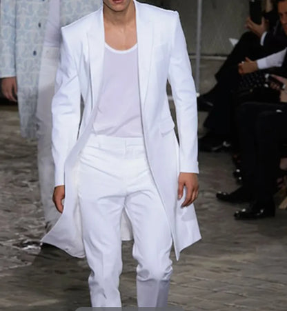 Summer Long Jacket White Trousers Groom Tuxedos Wedding Suits for Men Peaked Lapel Man Blazers 2 Pieces Coat Pants Prom