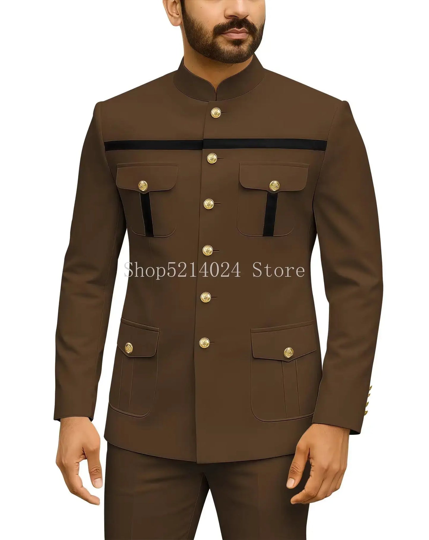 Herren Safari-Anzug 2-teilig Regular Fit Chinakragen Goldknopf Blazer Hose Set Afrikanische Outfits