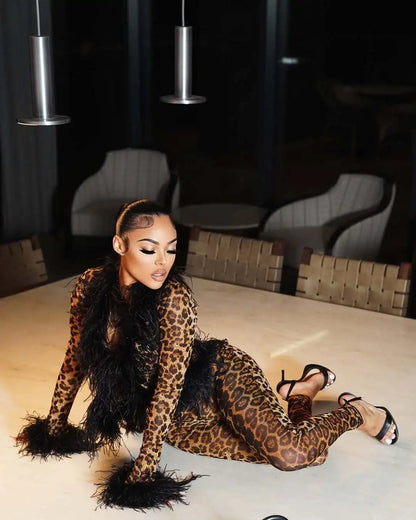 CM.YAYA Fashion Mesh See Though Women's Set Feather Side Long Sleeve Crop Top and Legging Pants  Sexy Two 2Piece Sets Outfit