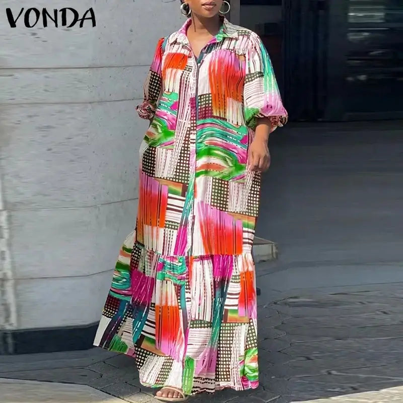 VONDA Plus Size 5XL Bohemian Printed Dress Autumn Women Elegant Long Sleeve Vintage Maxi Sundress Casual Button Loose Party Robe