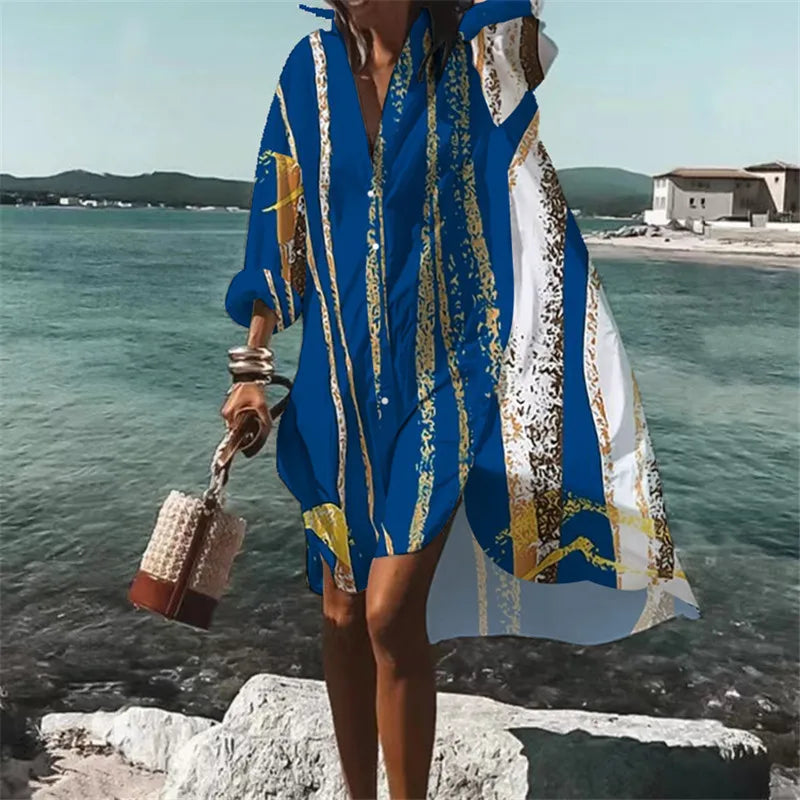 Autumn Dress 2024 New Fashion Leisure Grace Printed Lapel Long Sleeve Loose Party Beach Women Shirt Dresses MsChuh