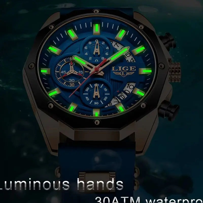 LIGE Casual Sport Men Watch Luxury Quartz Men Watches Military Silicagel Wristwatch Fashion Waterproof Chronograph Watch for Men