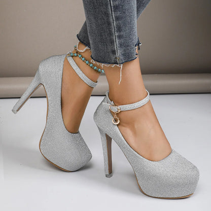 Women's High Heels  New Style Semi-Uppered Thin Heel Waterproof Platform Buckle Fashion Shoes Large Size Strap Shoes
