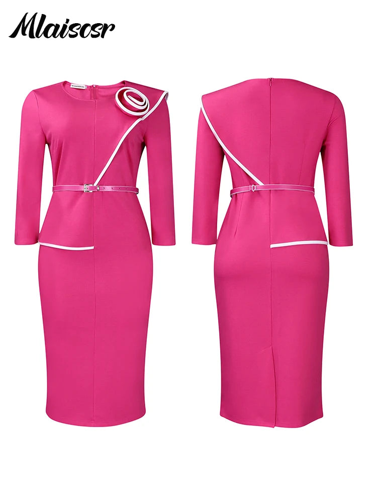 Mlaiscsr Fashion African Mid Dresses with Belt Women 3D Flowers 3/4 Sleeve O-neck Party Evening Office Lady Bodycon Vestidos