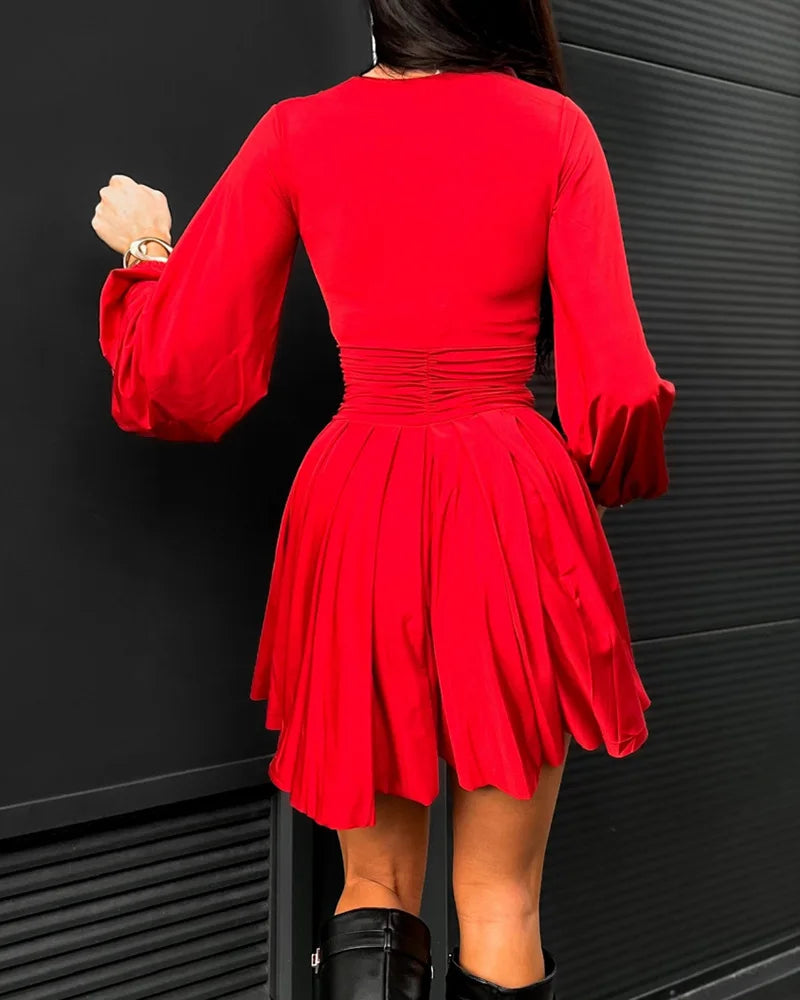 Women Sexy Plunge Ruched Lantern Sleeve Dress New Casual Clothing Female Elegant A-Line Dresses