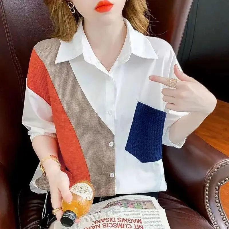 Women's Spring Autumnturn-down Collar Button Solid Patchwork Pockets Long Sleeve Cardigan Shirt Coats Casual Elegant Tops