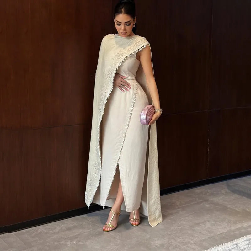 Modern Ivory Sheath O-Neck Long Evening Dresses Simple One Shoulder Pleat Appliques Sexy Side Slit Ankle Length Gowns Customized
