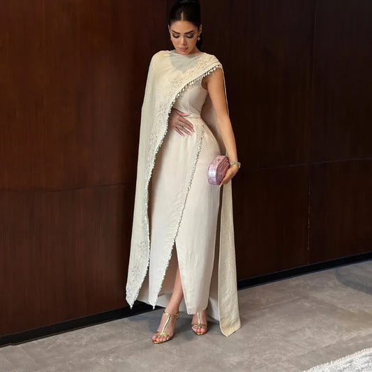 Modern Ivory Sheath O-Neck Long Evening Dresses Simple One Shoulder Pleat Appliques Sexy Side Slit Ankle Length Gowns Customized