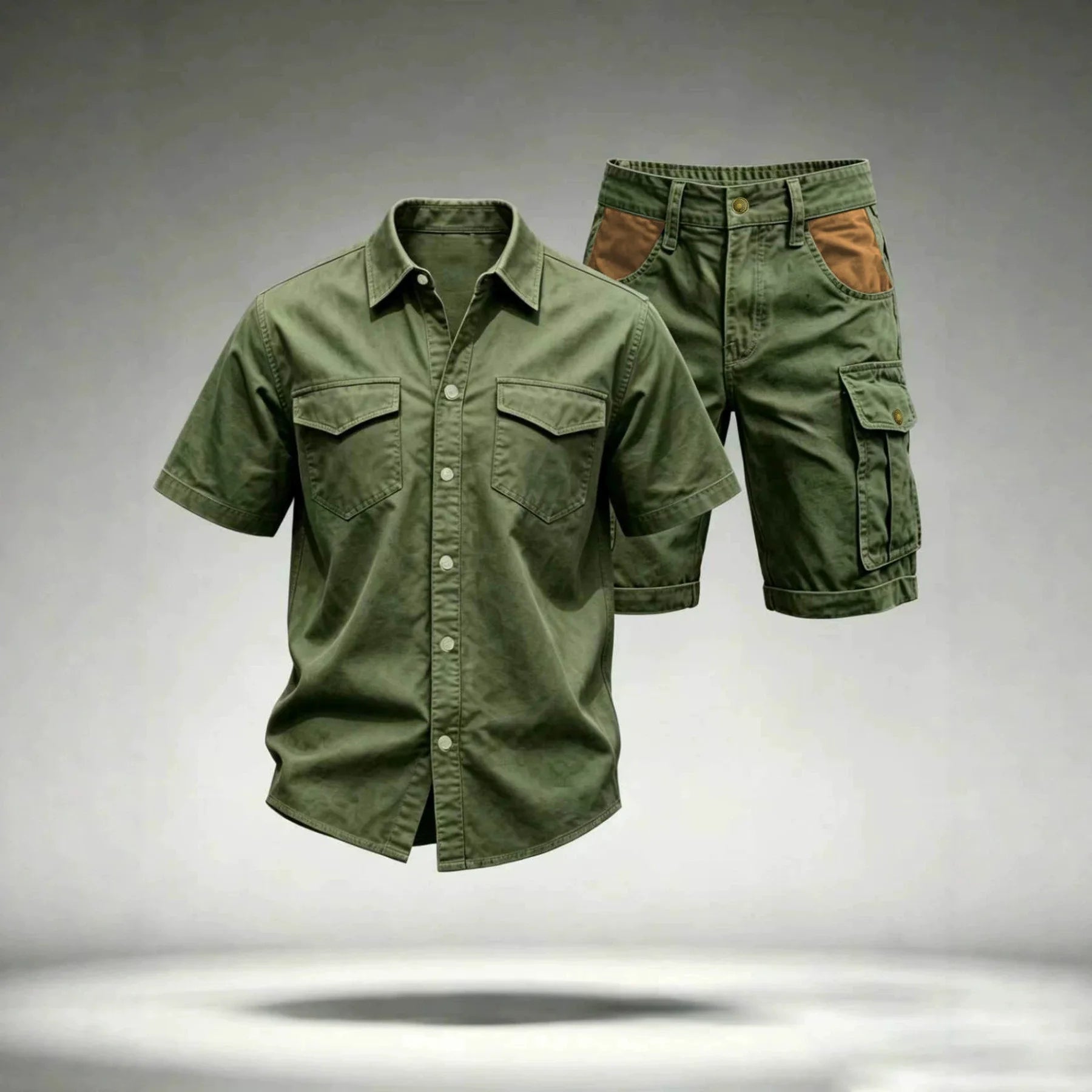 2026 Male Vintage Mens Multi Pocket Outfits Stylish Men Patchwork Shirt Shorts Sets Outdoor Casual Short Sleeve Two Piece Suits