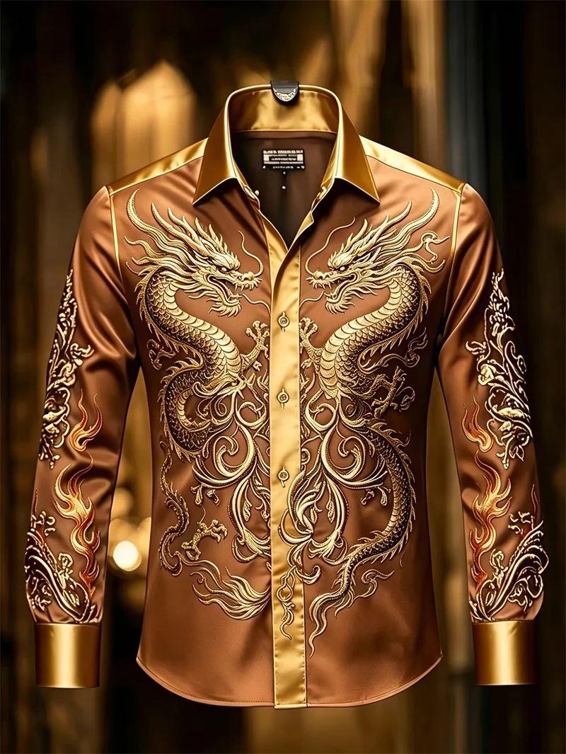 New Purple Bottom Golden Dragon Pattern Printed Men's Long Sleeve Shirt Light Luxury Slimming Business Casual Shirt