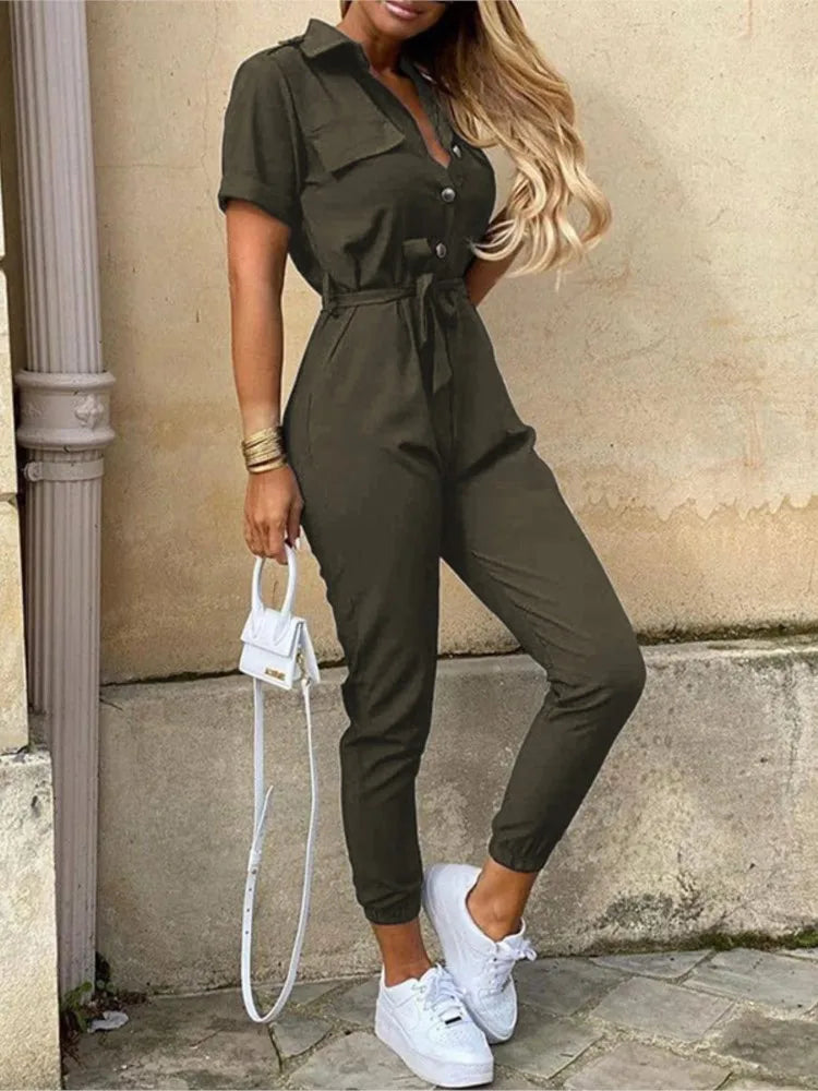 Summer Women's New Fashion Flip Collar Button Print Belt Lace Up Work Dress Casual Capris Jumpsuit Office