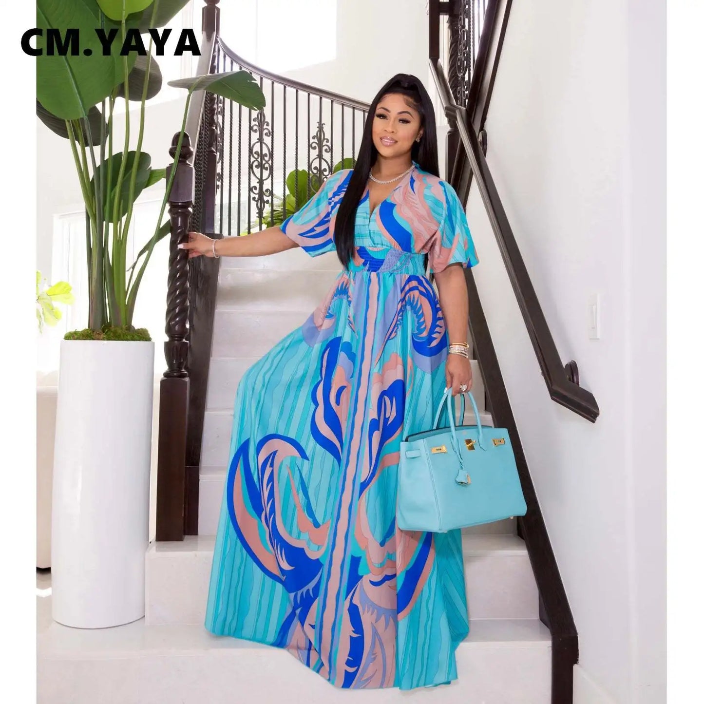 CM.YAYA Elegant Women Paisley Half Sleeve V-neck High Waist Tunic Big Swing Maxi Dress 2022 Summer Chic Sexy Party Long Dresses