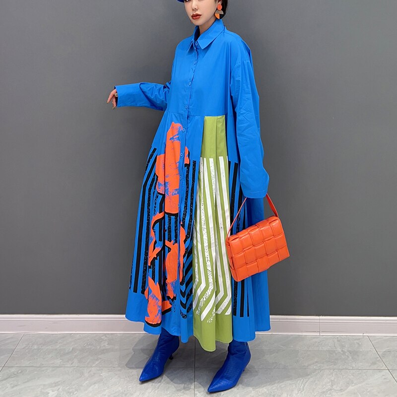 Painted Fashion Loose Fit New Woman Black Blue Printed Striped Shirt Dress Japanese Style Casual Unique Large Dress Robe JJXD377