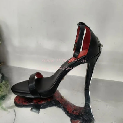 Women Sexy Pointed Toe Stiletto High Pumps Metal Decor Leather Super High Heels  Fashion Party Ladies Summer Gladiator Shoes