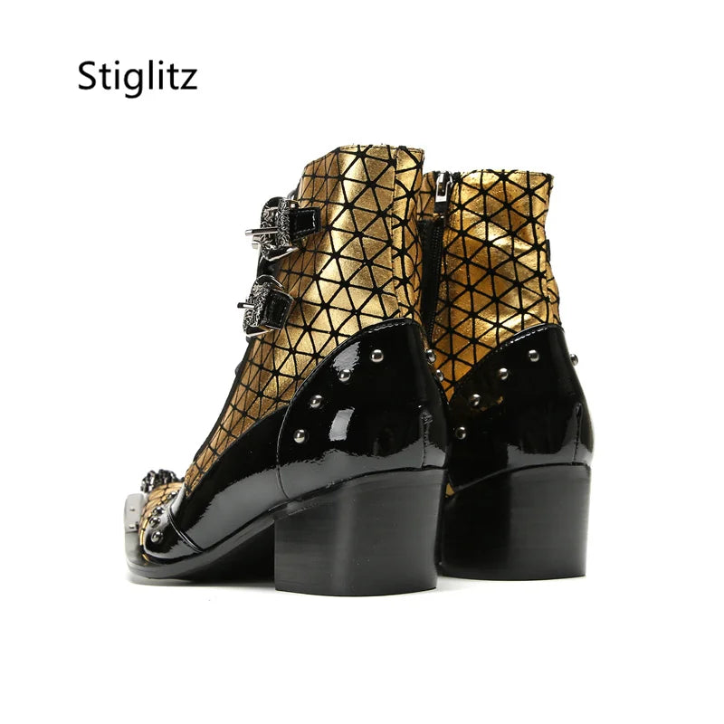 Black Gold Mixed Colors Patent Leather Ankle Boots for Men Metal Pointed Toe Double Buckle Men's Boots Lace Up Chelsea Shoes