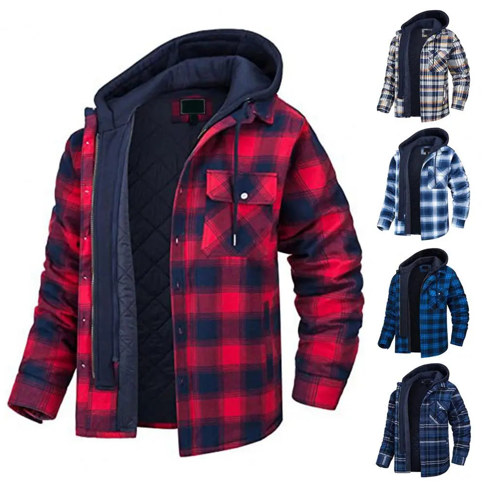 Winter Men's Hooded Jacket Drawcord Fashion Men's Thickened Hooded Cotton Windproof Jacket Plaid Shirt Casual Jacket Travel Jack