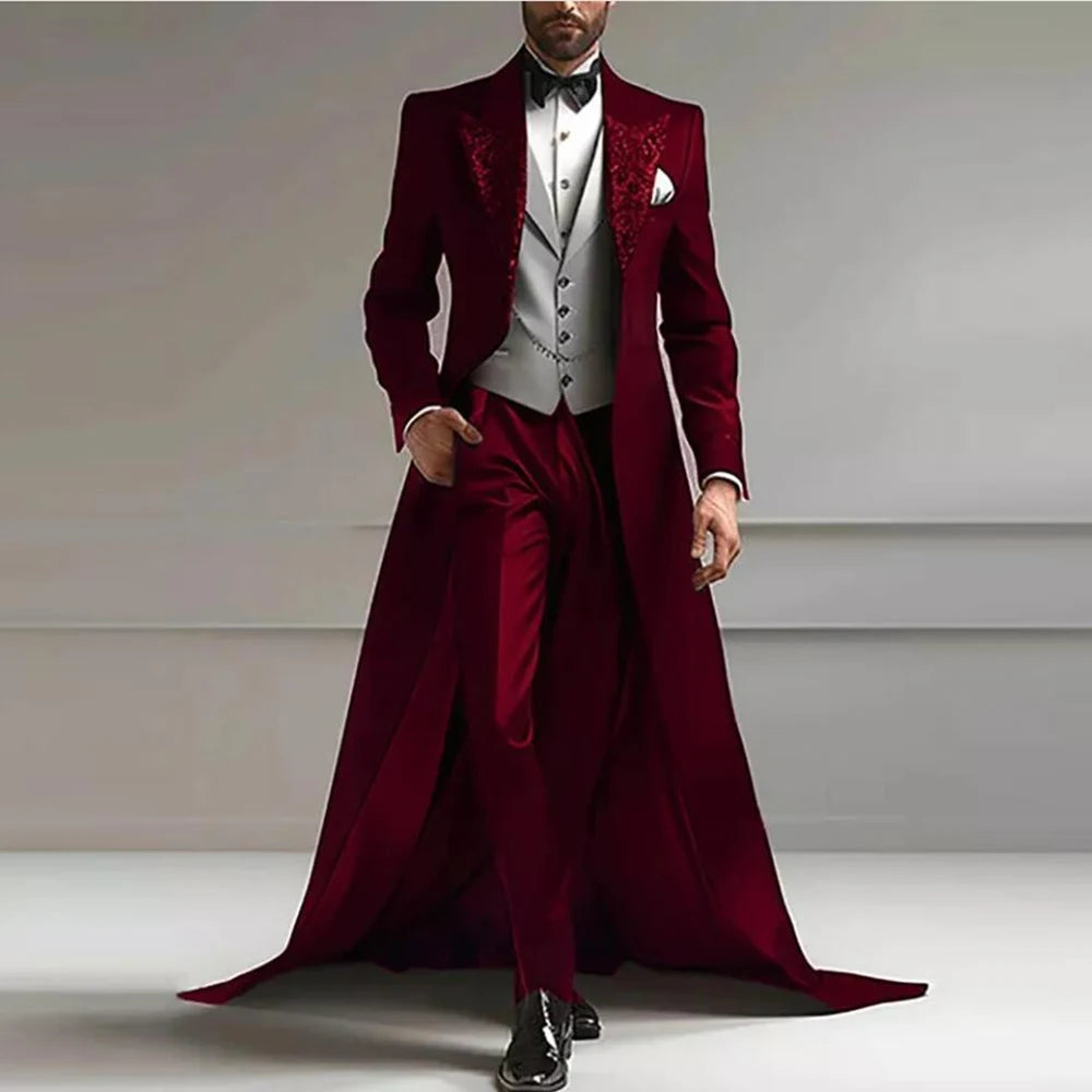 Luxury Suits Men For Wedding 3 Pieces Sets Sparkly Sequins Lapel Prom Tuxedos With Long Train Customized Man Banquet Party Dress