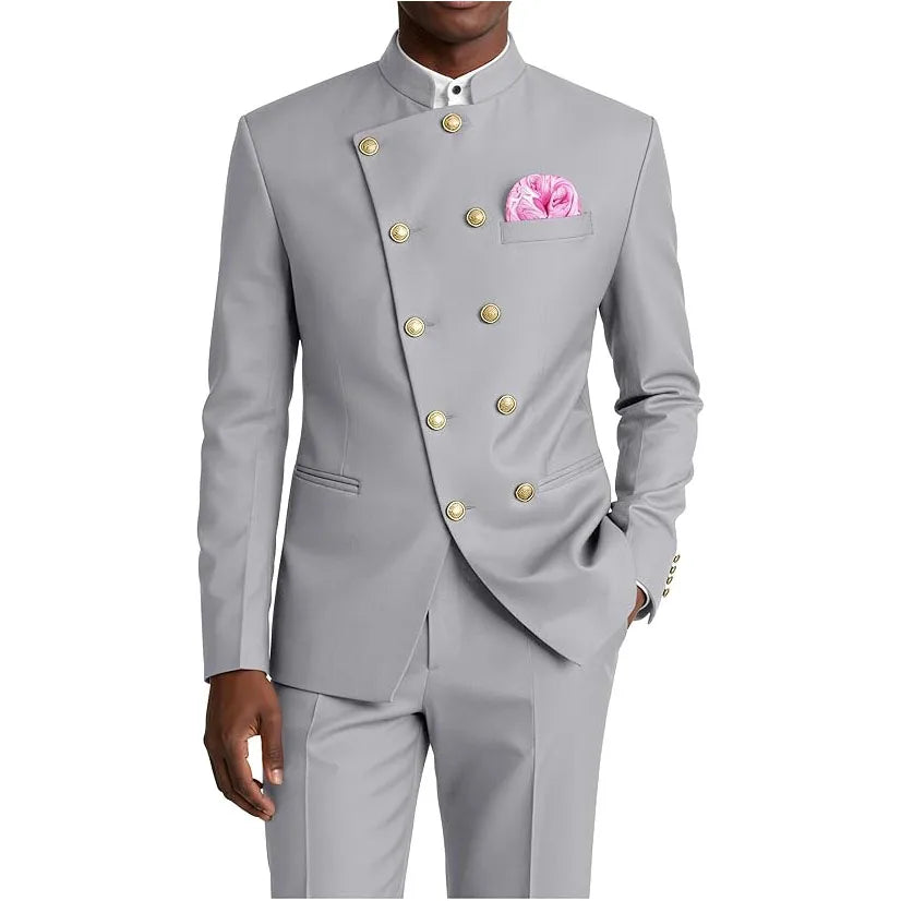 Men's Business Casual Suit 2 Piece Brown Mandarin Collar Double Breasted With Gold Buttons