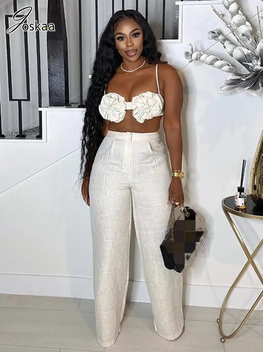 Joskaa Elegant 2 Piece Sets Women Sexy 3D Flower Crop Camisole and Straight Leg Pants Matching  Summer Vacation Streetwear