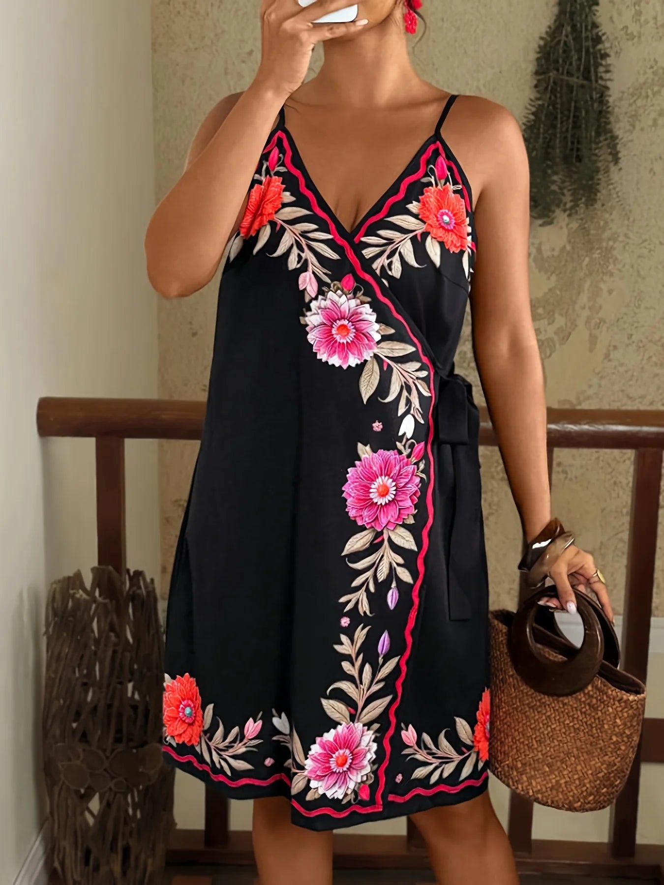 Große Größen Frühling Sommer Elegant Neues Damen Ethnisch bedrucktes Neckholder-Kleid V-Ausschnitt Taillenbetonendes Kurzes Boho-Kleid im Urlaubsstil