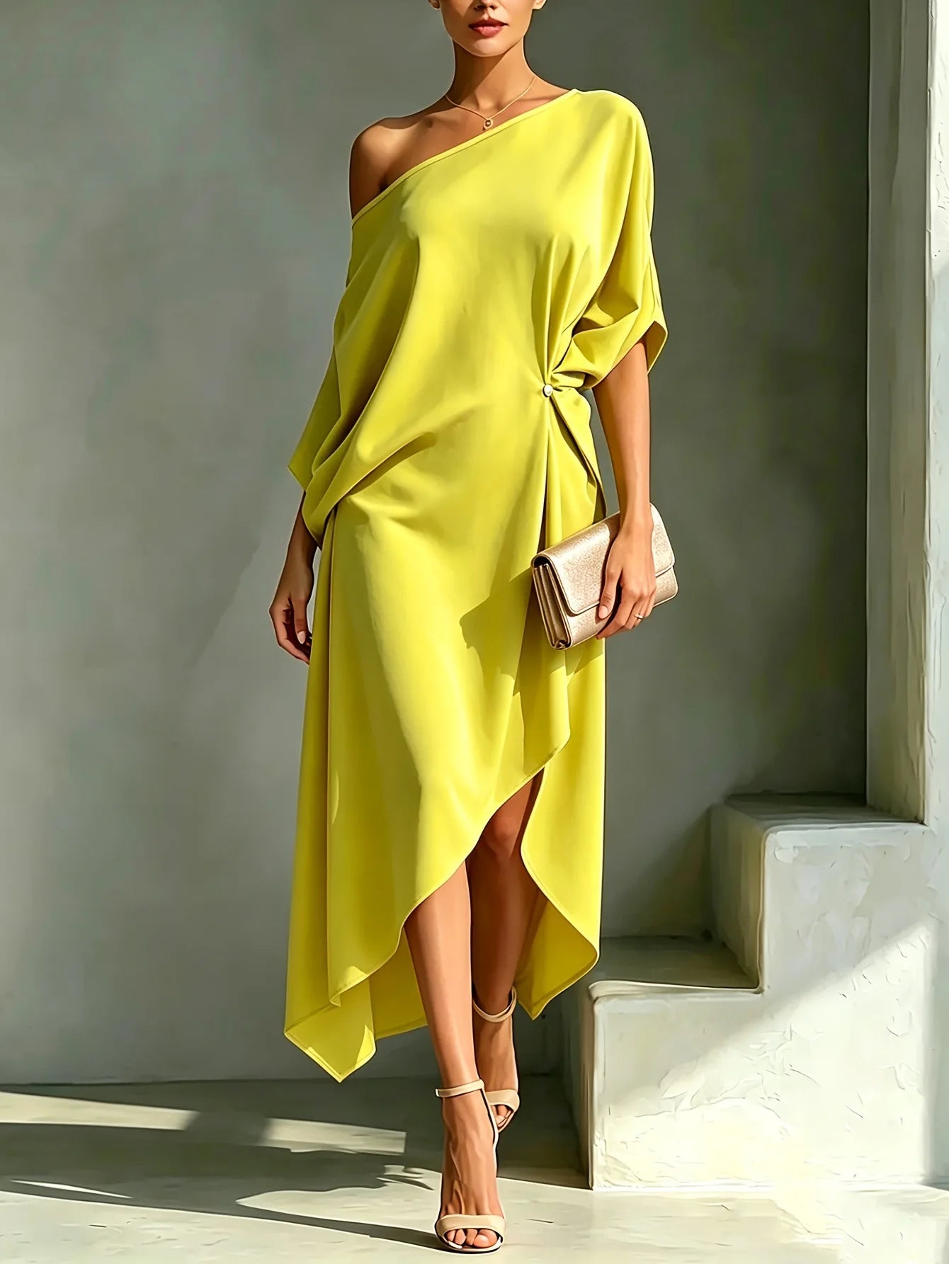 One Shoulder Midi Dress Asymmetrical Hem Waist Knot 3/4 Sleeve Draped Formal Evening Elegant Color Cocktail Dress for Women