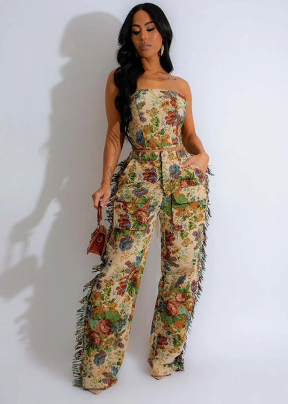 CM.YAYA Fashion Print Women's Set Strapless Top and Wide Leg tassel Pants Summer Cargo Street Two 2 Piece Set Outfit Tracksuit
