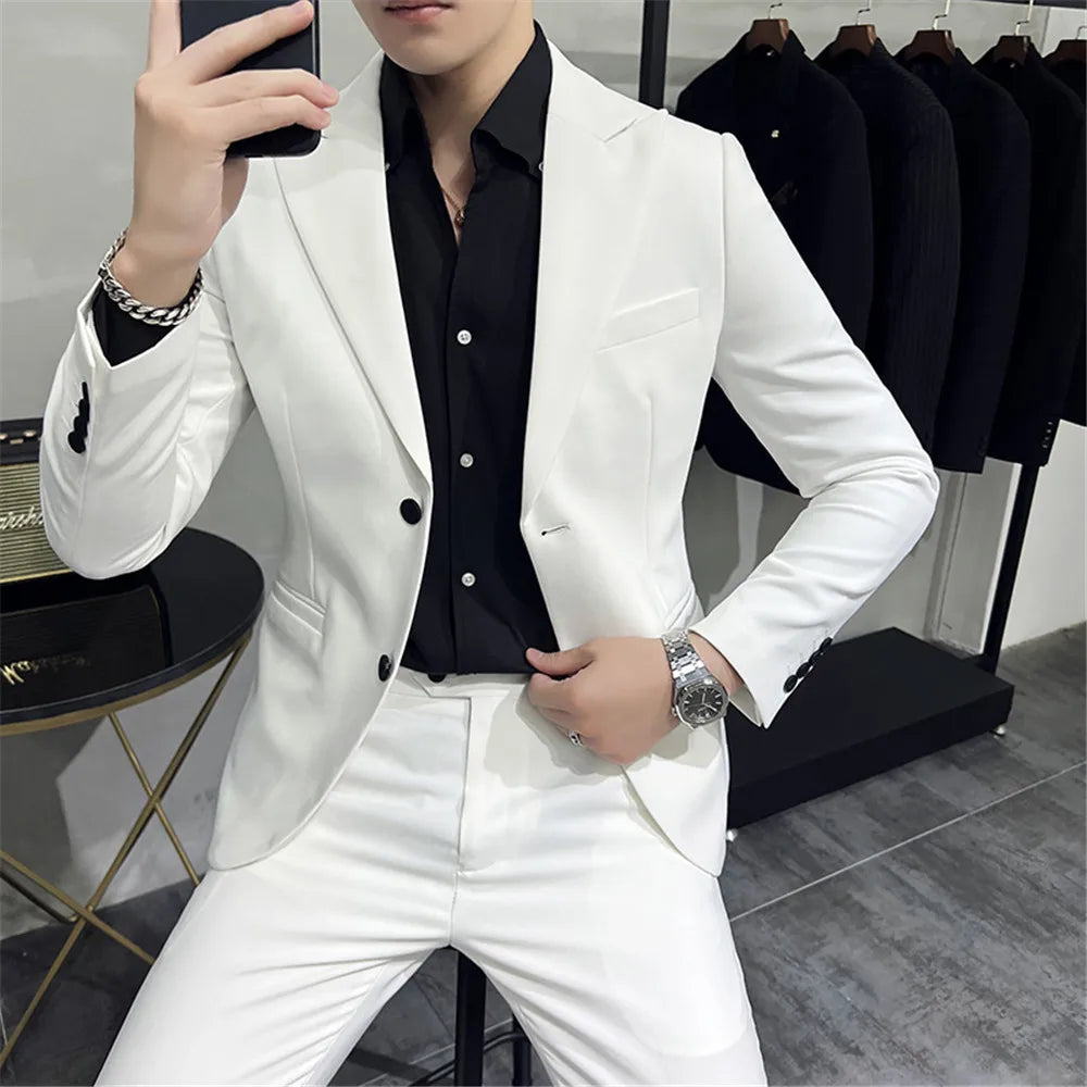 Jasper Men Suite Slim Fit Black Green Casual Summer Suit Jacket Blazer White Navy Blue Pants