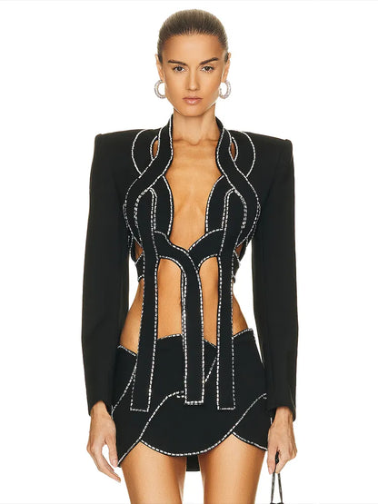 BEVENCCEL  New In Women's Luxury Diamond Hollow Suit 2-piece Set Elegant Long Sleeve Outfit Skirt Bandage Party Matching Set