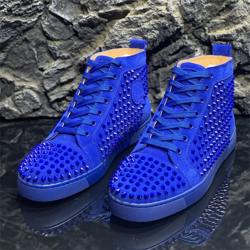 Top Luxury Dark Blue Genuine Leather Full Of Rivets Red Bottoms High Shoes For Men's Casual Flats Loafers Women's Brand Sneakers